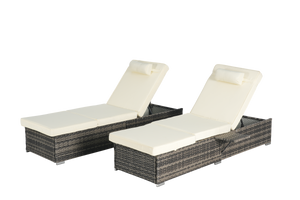Outdoor Chaise Lounge Chair Set of 2 with Storage Patio Pool Chairs Tanning Lounges for Outside,Beach Rattan Recliners with Adjustable Backrest, Table, Cushion for Poolside Backyard Garden