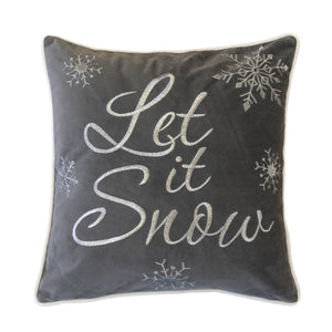 Let It Snow Embroidered Cotton Throw Pillow with Winter Embroidery - Gray
