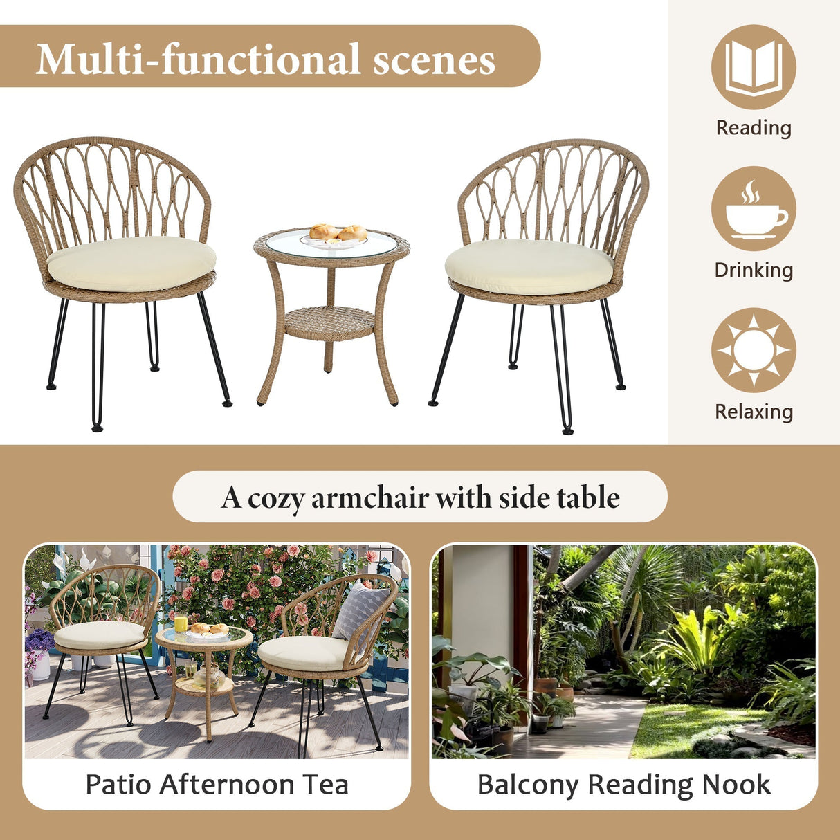 U_STYLE Outdoor Leisure Set, 2 Rattan Single Chairs with Glass Round Table