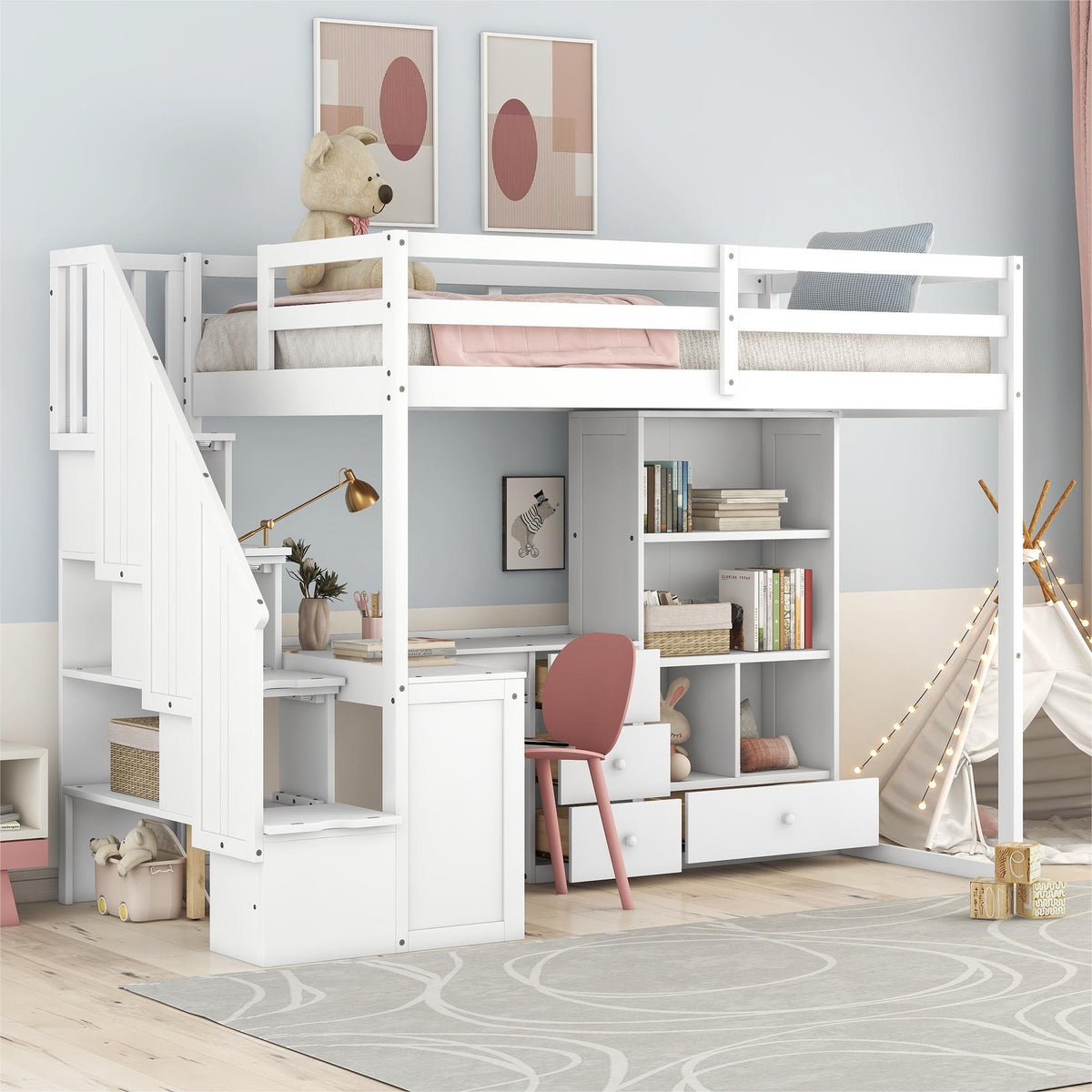 Loft Bed With L Shaped Desk, Drawers, Cabinet, And Storage Staircase