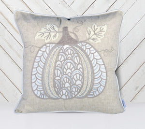 Embroidered Lace Pumpkin Accent Pillow – Neutral Fall Accent Cushion