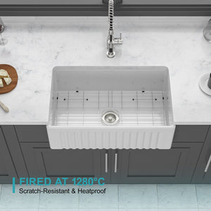 Apron-Front Reversible Single Bowl Kitchen Sink With Accessories - White