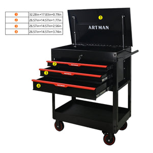3 Drawers Multifunctional Tool Cart with Wheels and Steel Top - Black & Red