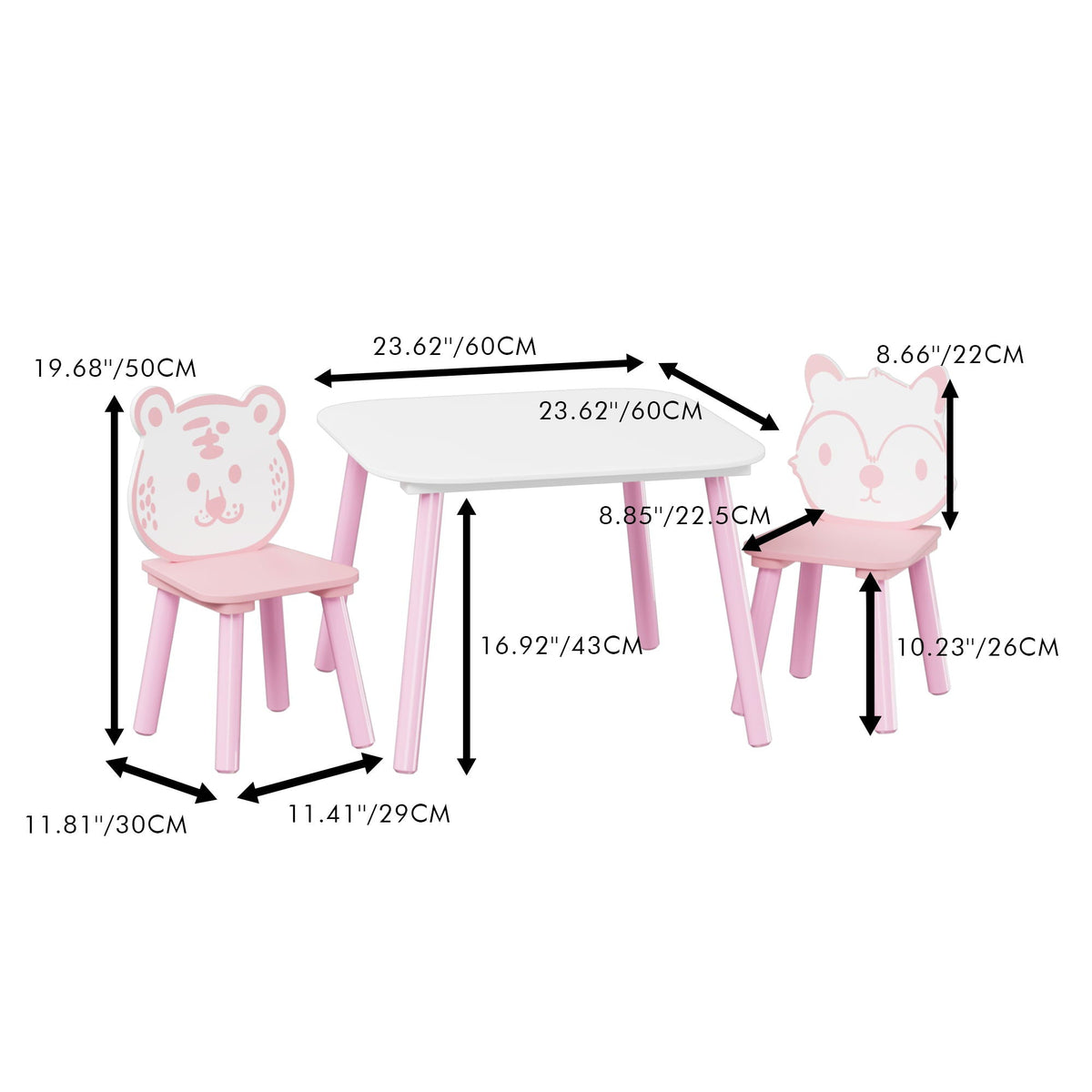 Wooden Toddler Table and Chair Set with Animal Backrest - Pink / White
