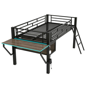 Gaming - Twin Loft Bed With Desk And LED - Black