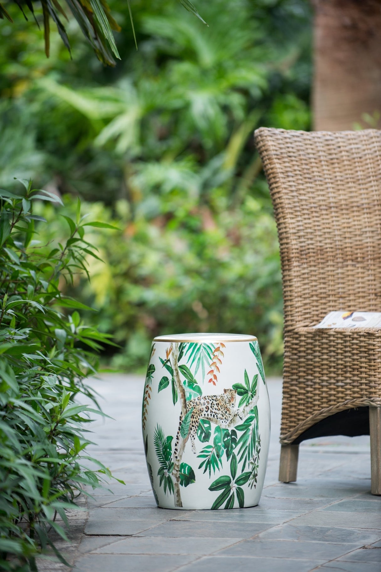 13x13x18" Ceramic Garden Stool Jungle-Themed Accent Side Table