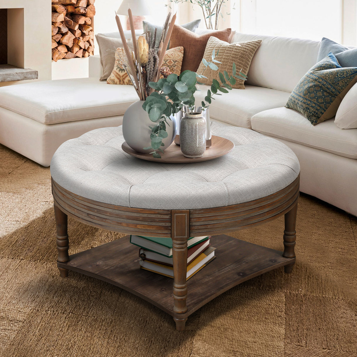 Large round waterproof ottoman coffee table 2 tier oversized button tufted ottoman(light gray)