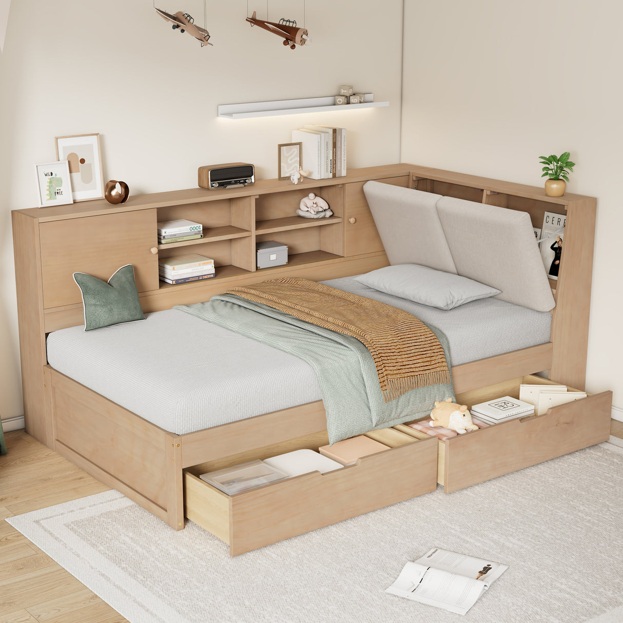 Natural-Full-Size-Wooden-Bed-Frame-with-L-Shaped-Bookcases-&-Storage-Drawers-Headboards