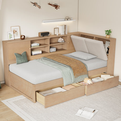 Natural-Full-Size-Wooden-Bed-Frame-with-L-Shaped-Bookcases-&-Storage-Drawers-Headboards