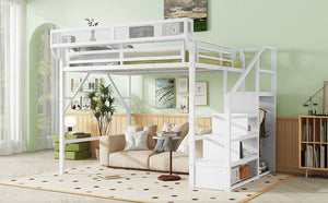 Queen Size Loft Bed with Stairs, Metal Queen Loft Bed with Storage Shelves