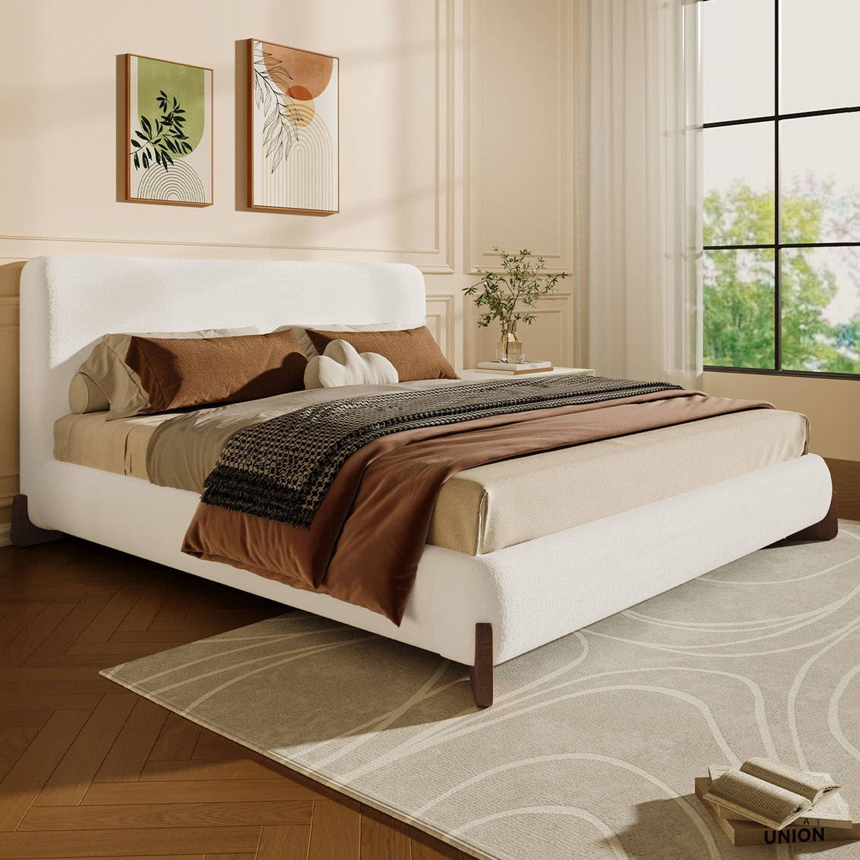 Queen Size Elegant Terry Upholstered Bed - White