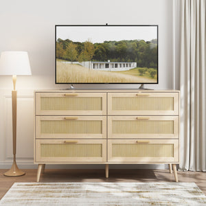 Rattan 6 Drawers Chest Of Dressers For Bedroom, Modern 6 Drawer Dresser, Wide Chest Of Drawers With Wood Handles, Rattan Dresser Storage Cabinet For Living Room, Bedroom, Hallway - Natural Wood / Oak