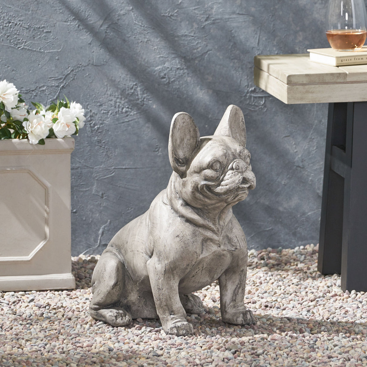 Dog Garden Sculpture, Outdoor French Bulldog Garden Statue, Gray