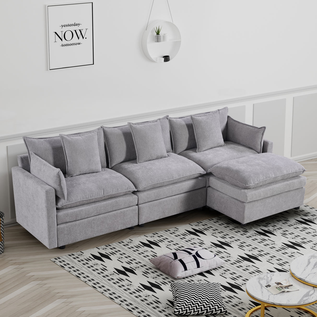 L-Shaped Chenille Sectional Sofa with Ottoman – Spacious 3-Seater Couch in Light Gray