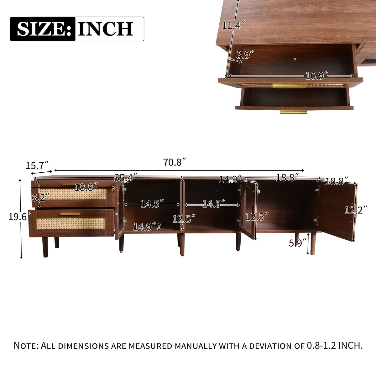 TV Stand With 3 Cabinets & 2 Drawers, LED Light Media Console For TVs Up To 80" - Dark Brown