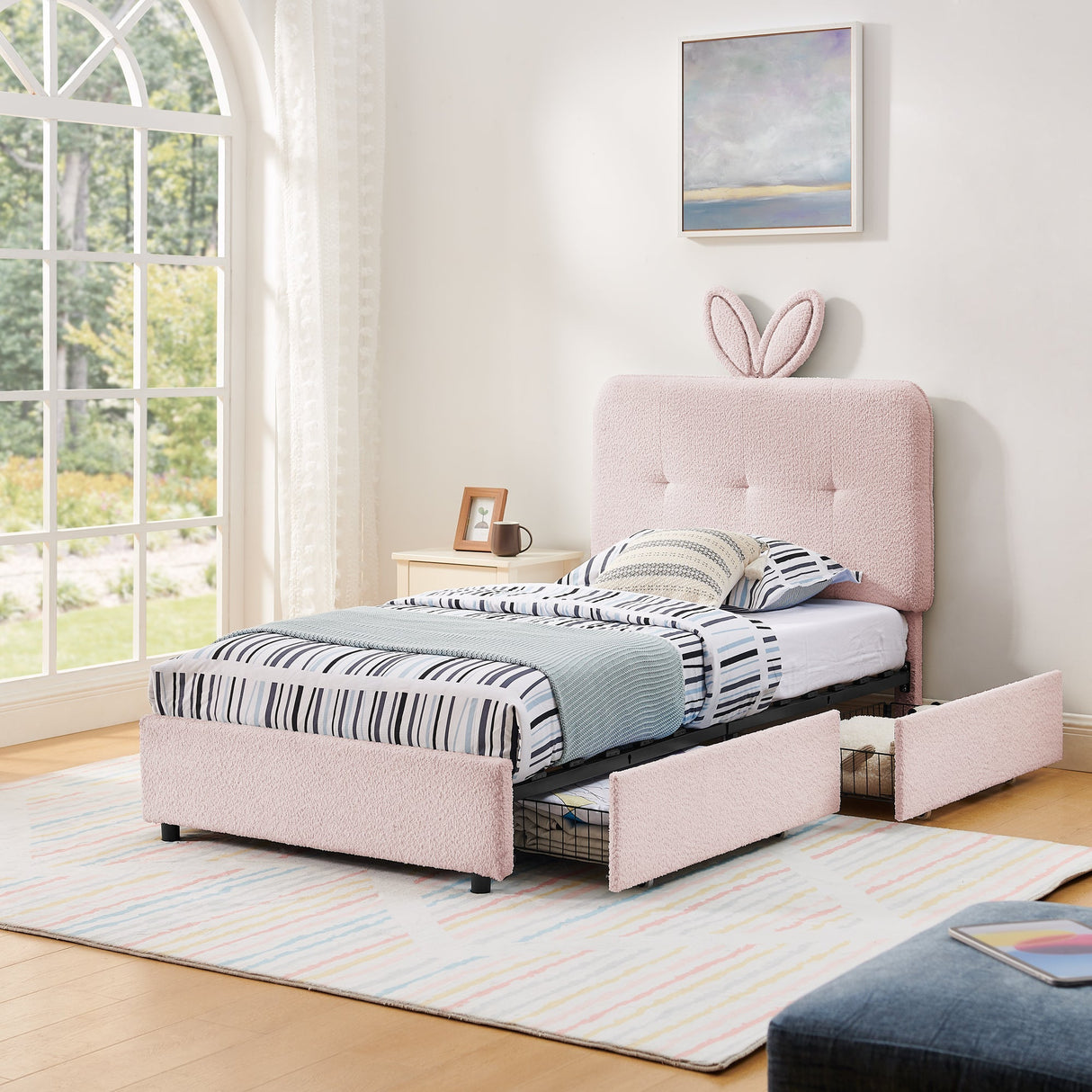 Twin Size Kids Upholstered Bed with Oversized Rabbit Ear Headboard, LED Light & 4 Storage Drawers, Boucle Fabric (79.5''X40.75''X41'')