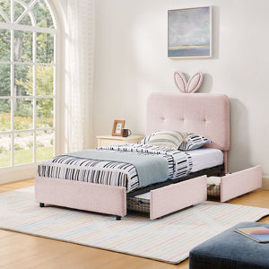Twin Size Kids Upholstered Bed with Oversized Rabbit Ear Headboard, LED Light & 4 Storage Drawers, Boucle Fabric (79.5''X40.75''X41'')