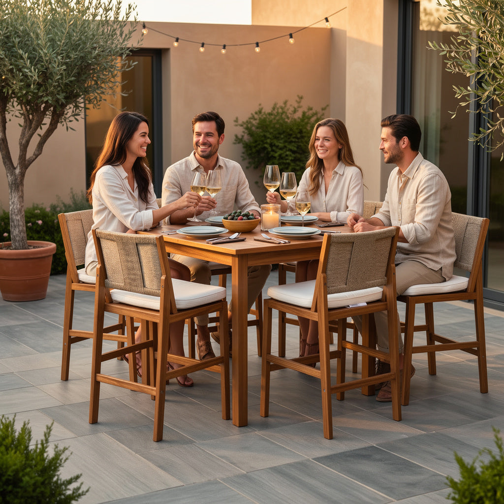 4 Pieces Natural Outdoor Bar Stool Set - Solid Acacia Wood and Woven Wicker