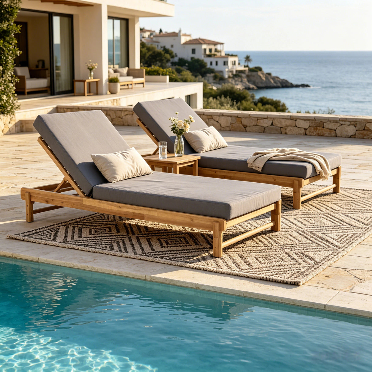 Light Teak Acacia Wood Chaise Lounge Set