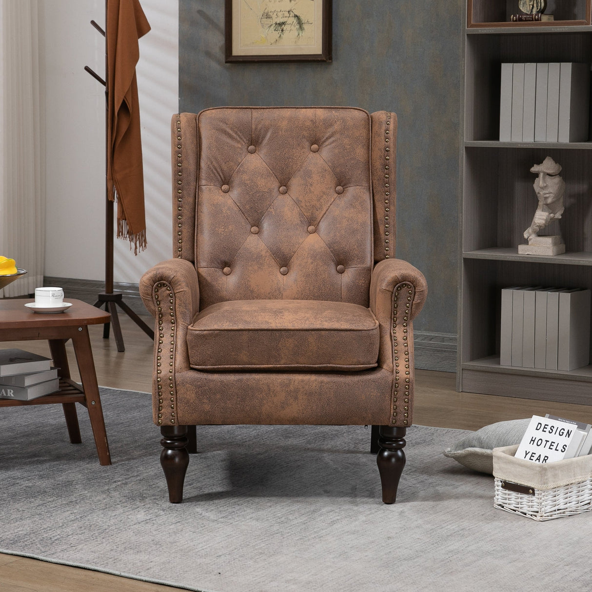 Modern Coffee Wood Frame Armchair with Microsuede Upholstery