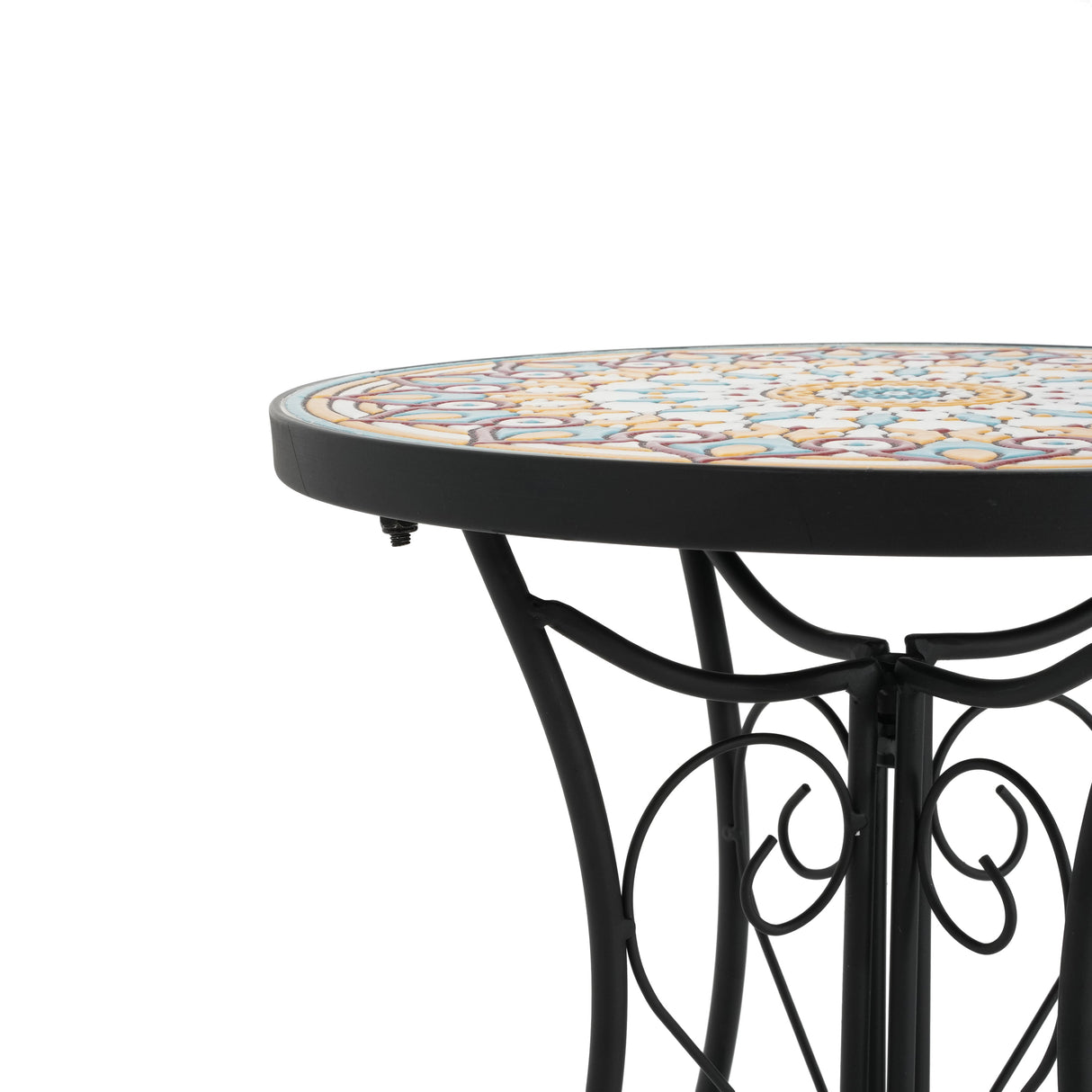 Round Ceramic Outdoor Side Table, Colorful + Black