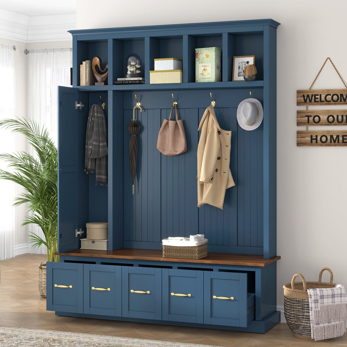U-Can Entryway Hall Tree with Coat Hooks, Shoe Bench & Drawer Storage Cabinet