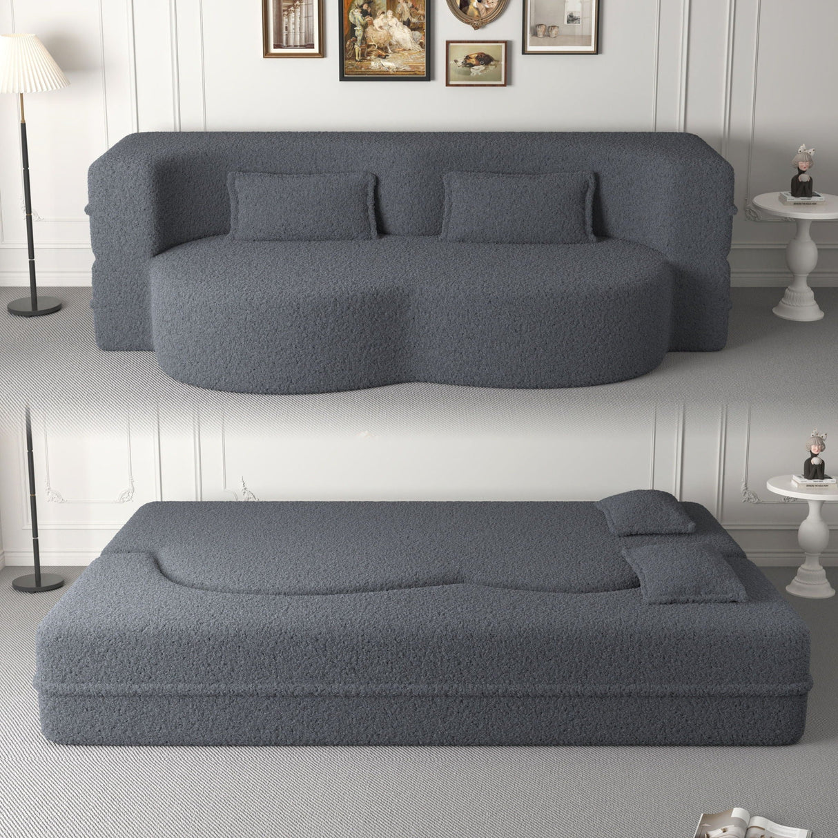 Modern Floor Sofa with 2 Pillows, Convertible Teddy Fabric Foam Filled Bed