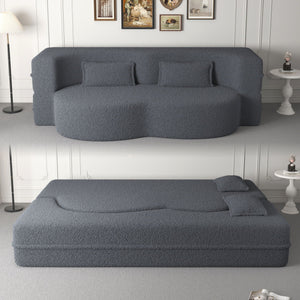 Modern Floor Sofa with 2 Pillows, Convertible Teddy Fabric Foam Filled Bed