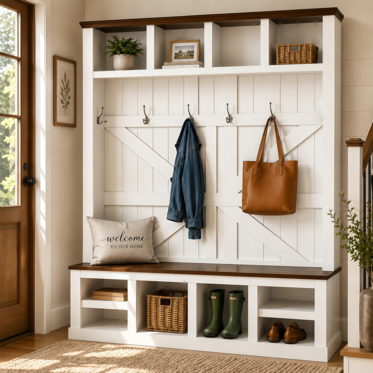 Farmhouse Hall Tree with Bench and Shoe Storage
