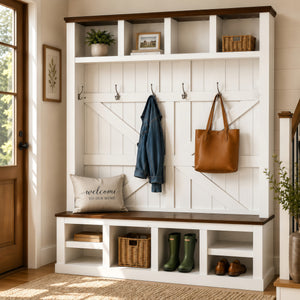 Farmhouse Hall Tree with Bench and Shoe Storage