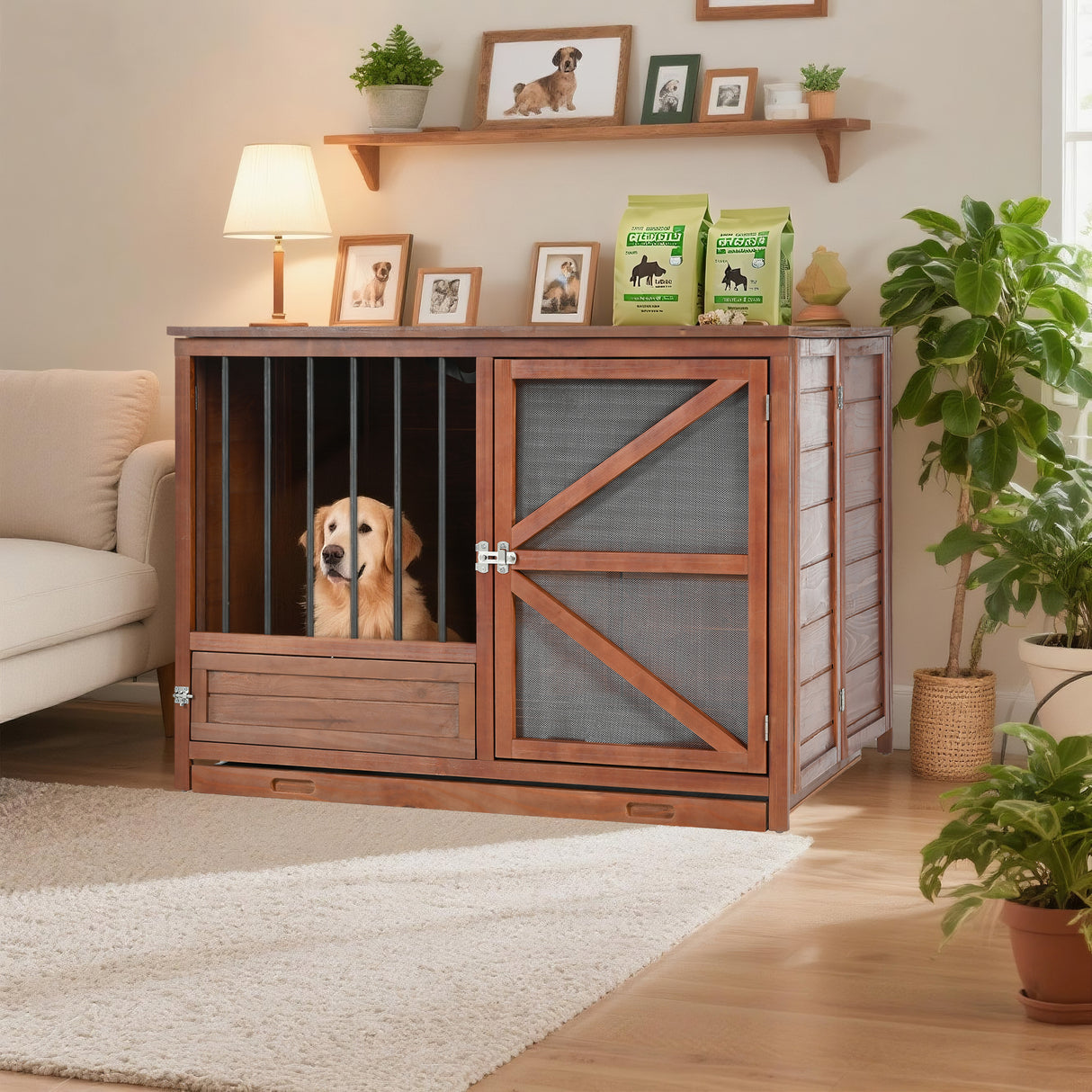 43' Solid Wood Dog Crate Furniture, Foldable Indoor Kennel