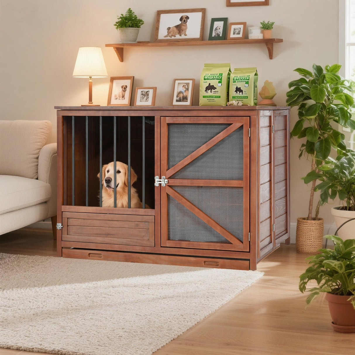 33" Solid Wood Dog Crate Furniture Foldable Indoor Kennel