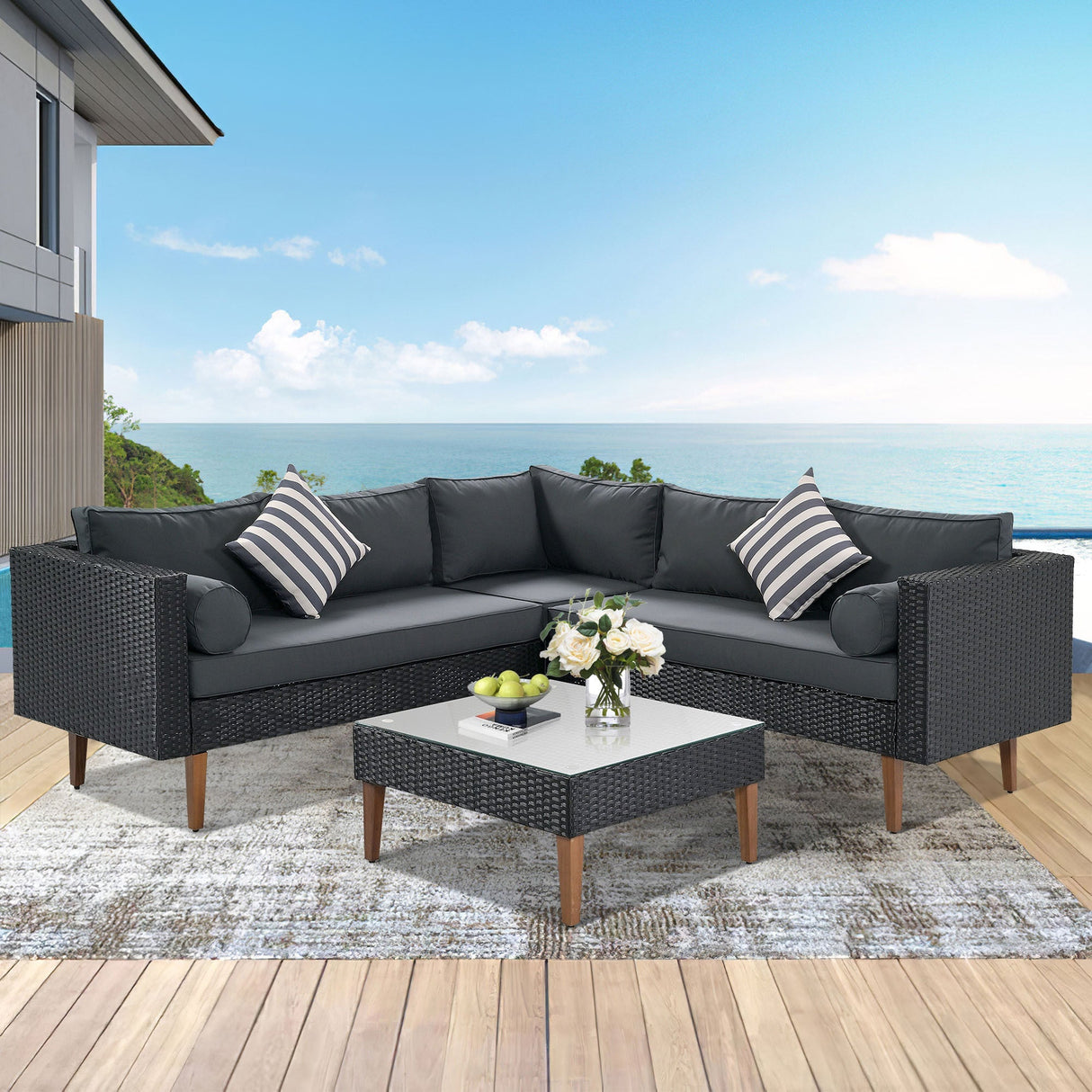 4-Pieces Outdoor Wicker Sofa Set with Colorful Pillows