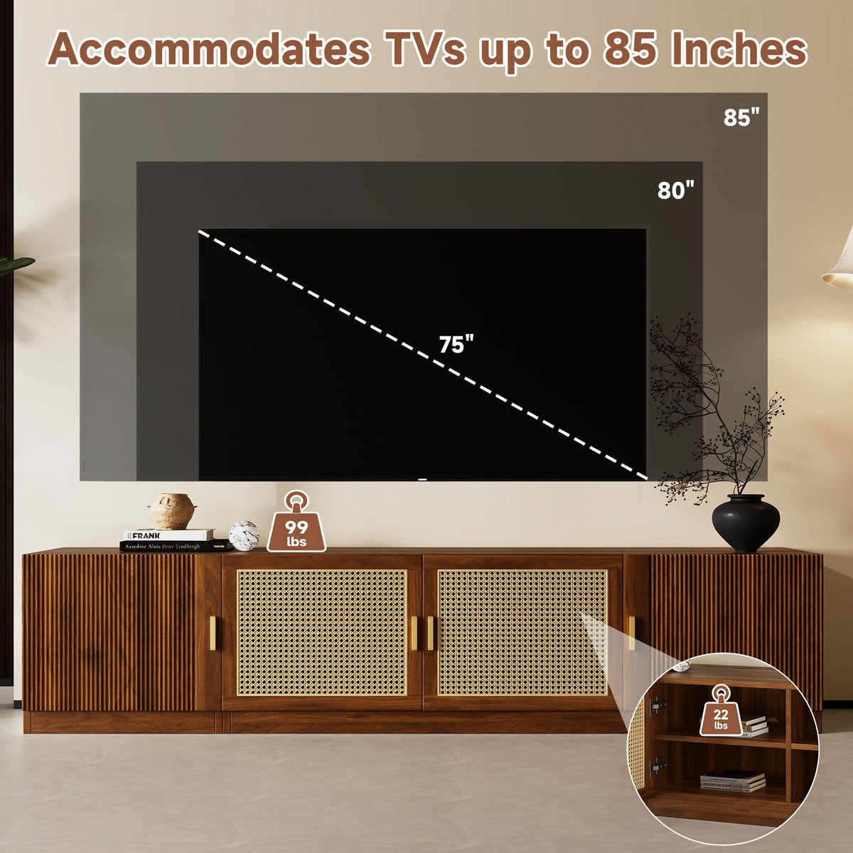 TV Stand, Media Console With Adjustable Shelves - Walnut