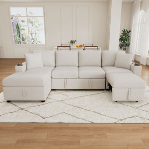 Sectional Sofa Convertible Pull-Out Bed With Storage Ottoman & USB Ports