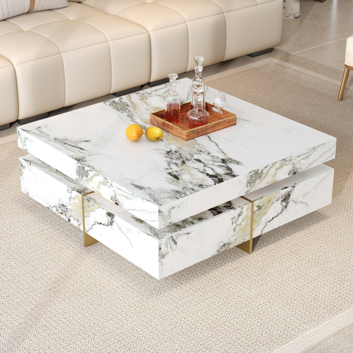 Modern Square Marble Textured Coffee Table with 4 Drawers
