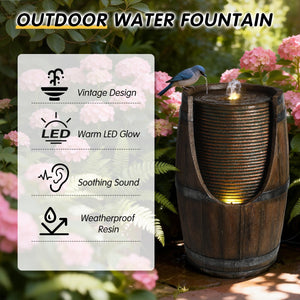 Outdoor Barrel Water Fountain with Lights Rustic Wood Look Resin Handmade Waterfall Garden Decor for Patio Yard Porch