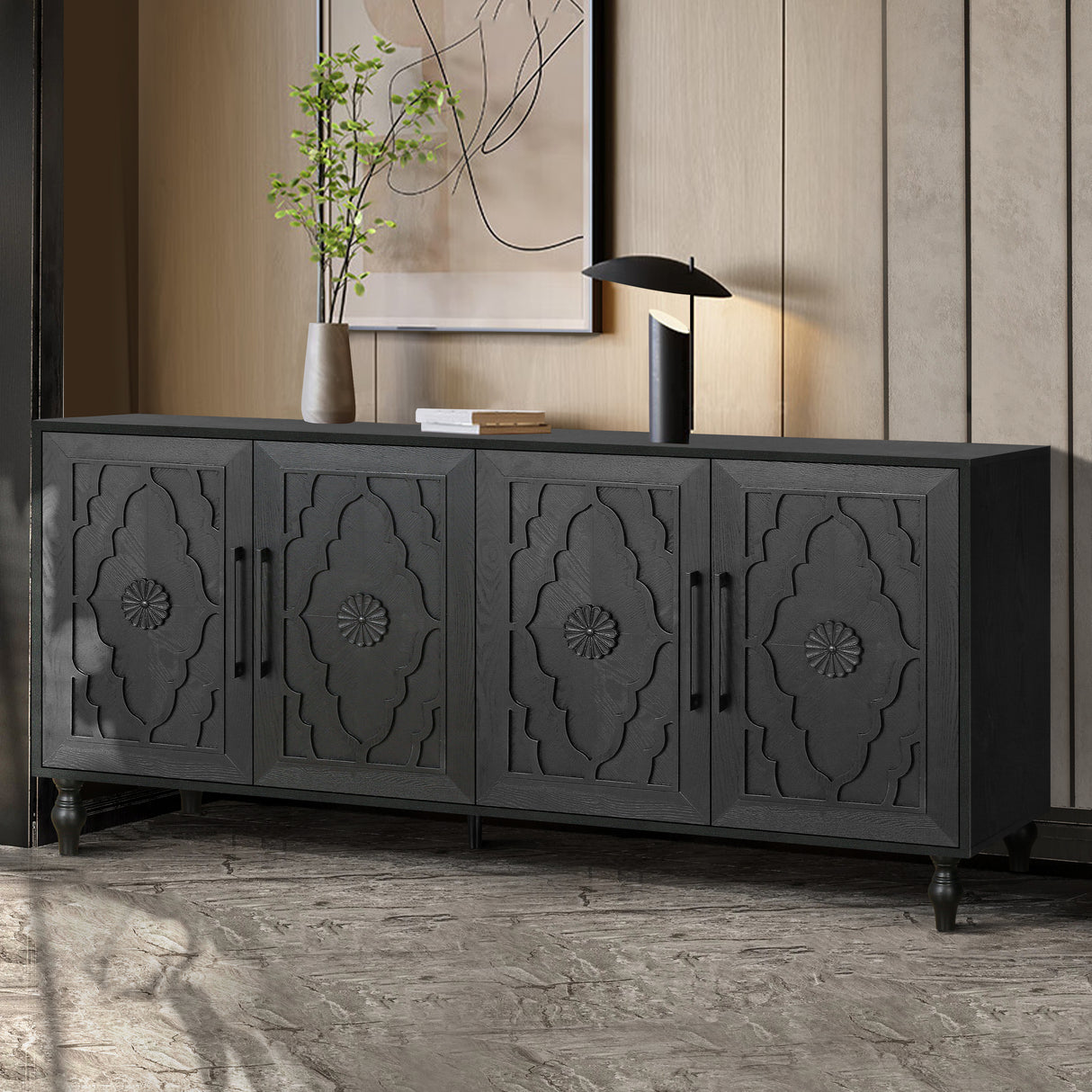 Carved flower door large storage cabinet with metal handle (black)