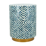 14x14x18' Round Accent Stool with Blue and White Capiz Design and Gold Pedestal Base