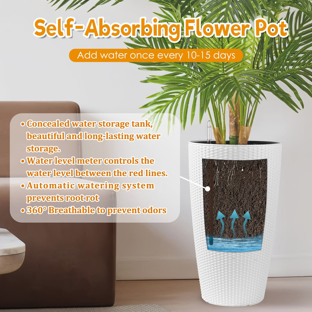 Set of 2 Faux Rattan Tall Planters with Automatic Watering System