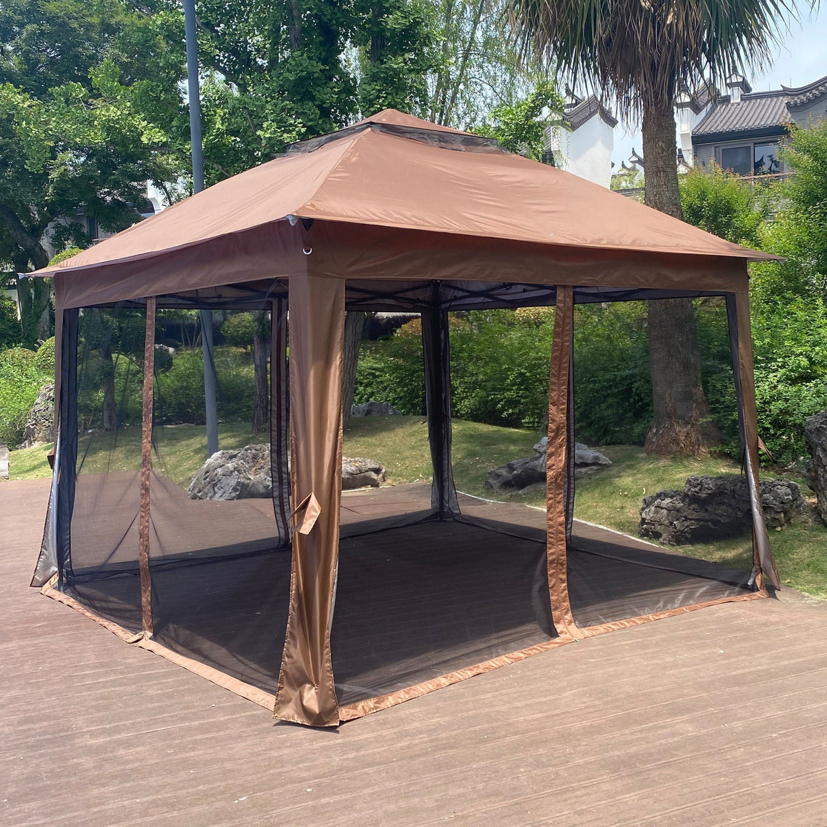 Outdoor Pop Up Gazebo Canopy With 2 Tier Soft Top And Removable Zipper Netting