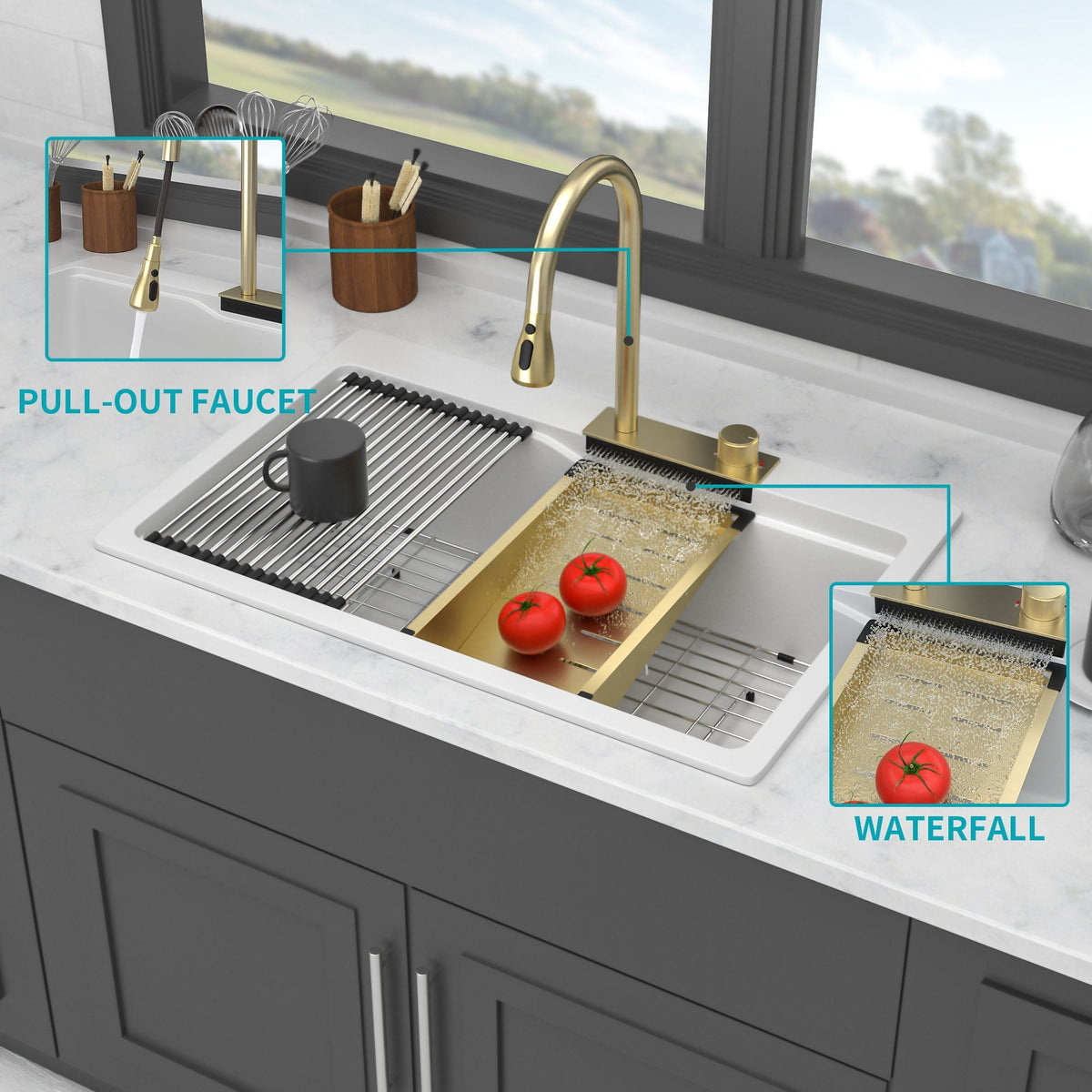 Waterfall Kitchen Sink With Pull Out Faucet & Cup Washer