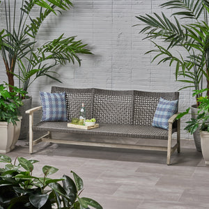 Outdoor Acacia Wood Wicker 3-Seater Sofa, Patio Furniture Conversation Set for Backyard