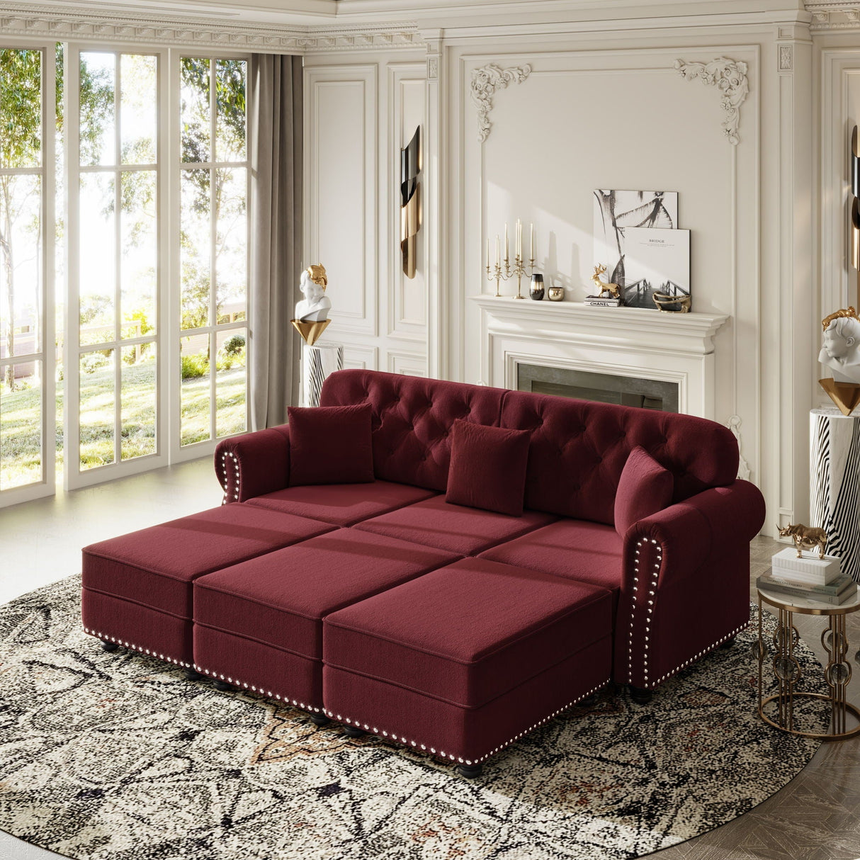 Upholstered Sofa Set With Nailhead Trim and Rolled Armrests, Includes Pillows