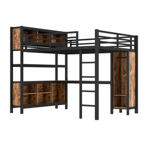 Metal Loft Bed with Wardrobe and L-Shaped Desk