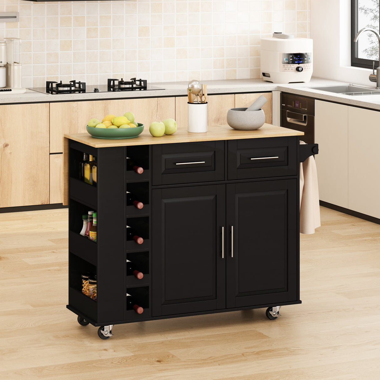 Kitchen island cart with 2 door cabinet and two drawers, spice rack, towel holder, wine rack (black)