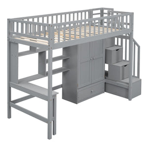 Loft Bed With Bookshelf, Drawers, Desk, And Wardrobe