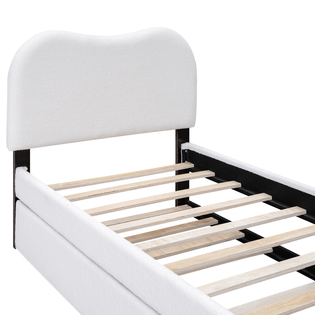 Upholstered Platform Bed With Wood Supporting Feet And Trundle