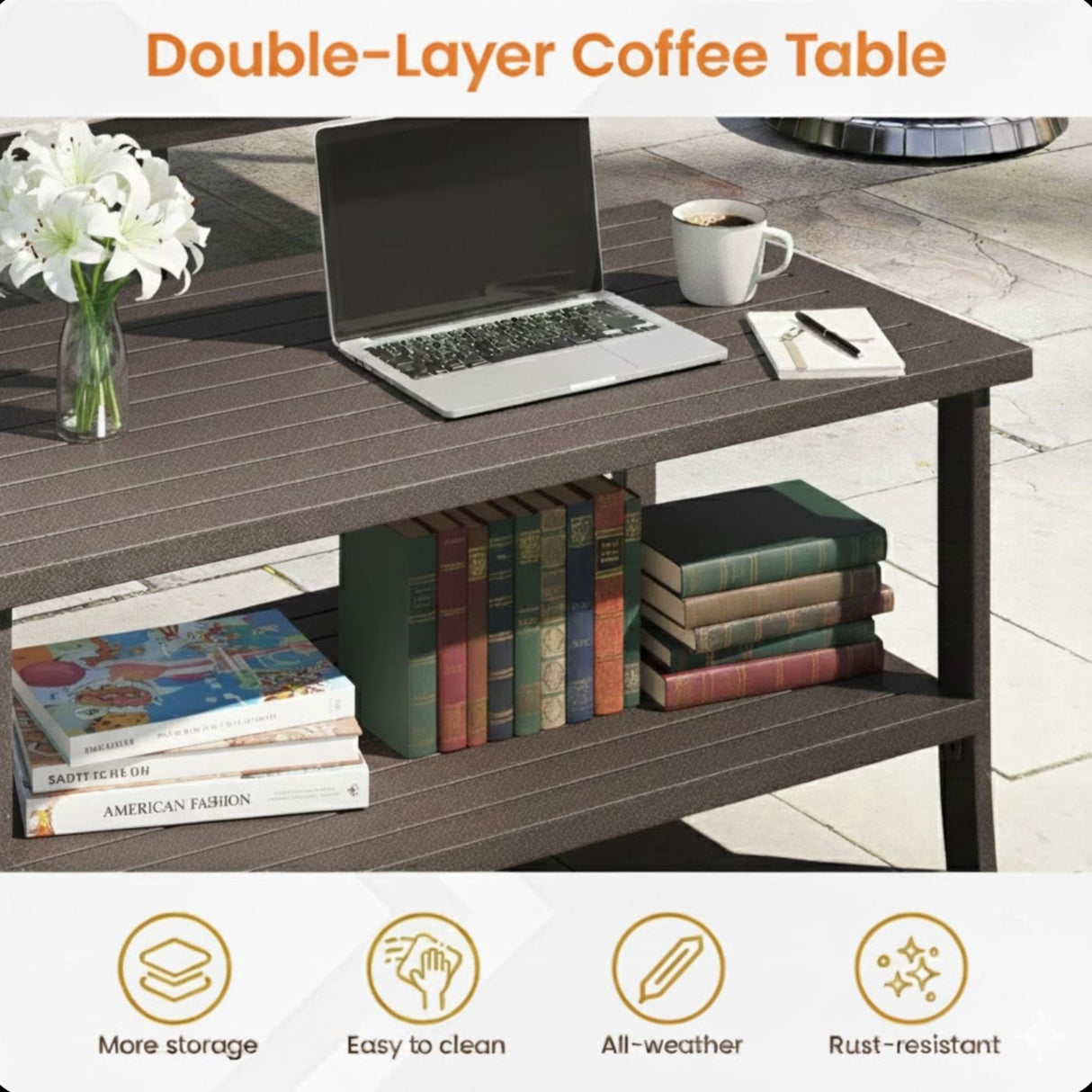 Rectangular Outdoor Coffee Table, 2 Tier All Weather Patio Table - Brown
