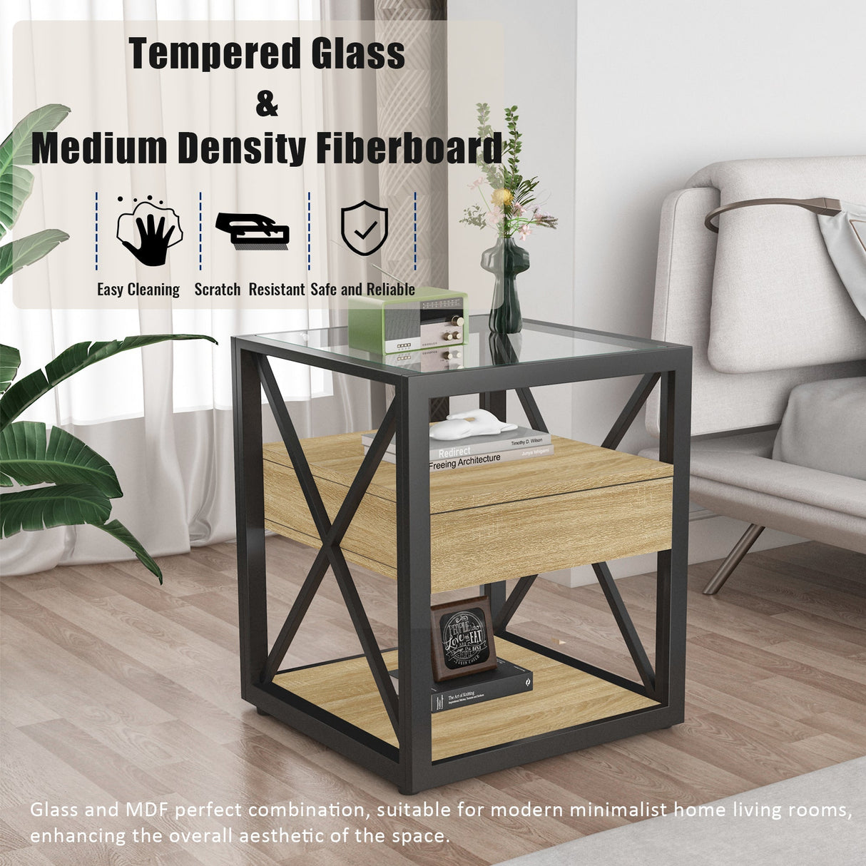 1 Piece Modern End Table with Drawer - Natural Wood & Tempered Glass
